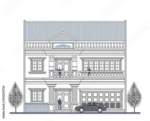 Facade of 2 storeys asymmetrical modern classic house with 3 doors, 3 windows, 2 columns, long balustrade, frames, garage, decoration, canopy, triangular roof and its elements design.
