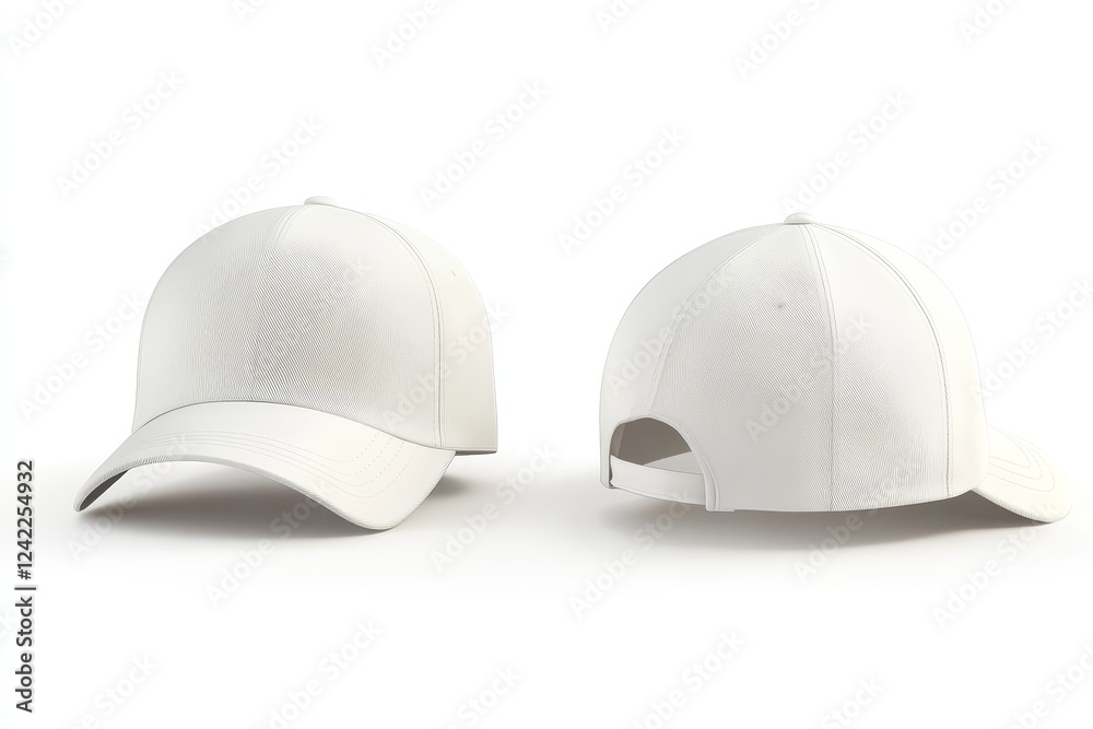 White baseball cap mockup, front and back, studio shot, design template White baseball cap mockup, front and back, studio shot, design template
