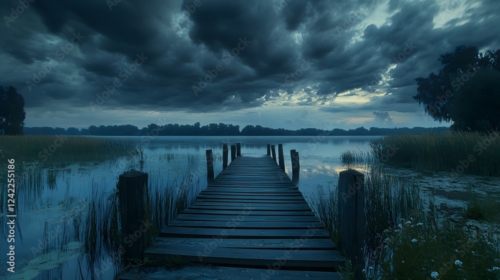 Fototapeta premium A serene wooden dock stretches into a tranquil lake under dramatic cloud cover.
