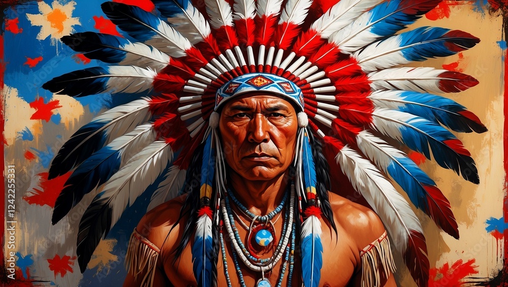 Obraz premium Traditional native american chief in vibrant headdress