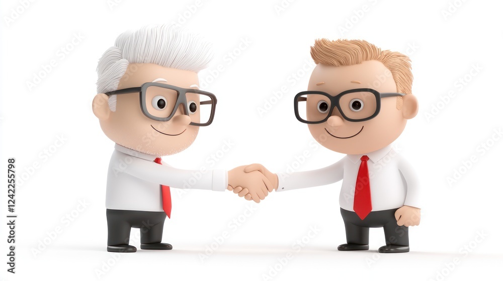 Two cartoon characters with glasses shake hands, symbolizing friendship and cooperation in a professional setting. Two cartoon characters with glasses shake hands, symbolizing friendship and cooperation in a professional setting.