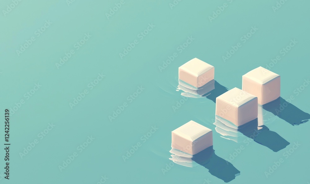 Obraz premium Minimalist abstract image of four white cubes floating on teal water.