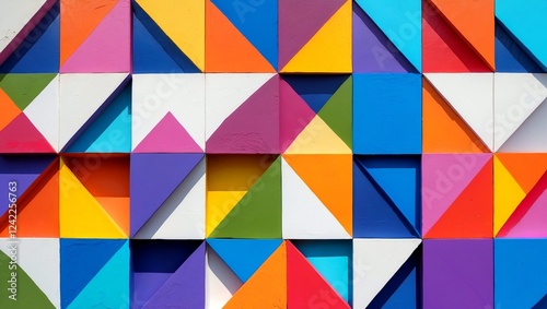 Vibrant geometric abstract mural with colorful shapes