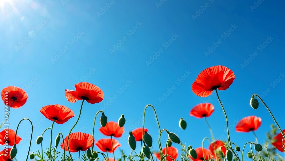 Obraz premium Vibrant red poppy blooming under clear blue sky