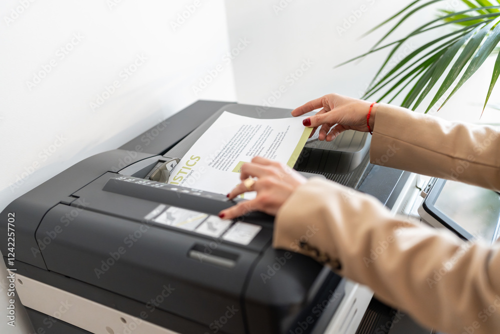 Office worker using multifunction printer for logistics Office worker using multifunction printer for logistics