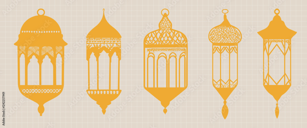 Ornate lantern silhouettes in orange, vector element set Ornate lantern silhouettes in orange, vector element set