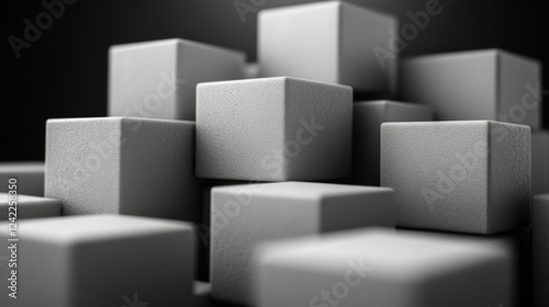 Stacked grey cubes on dark background create abstract geometric sculpture