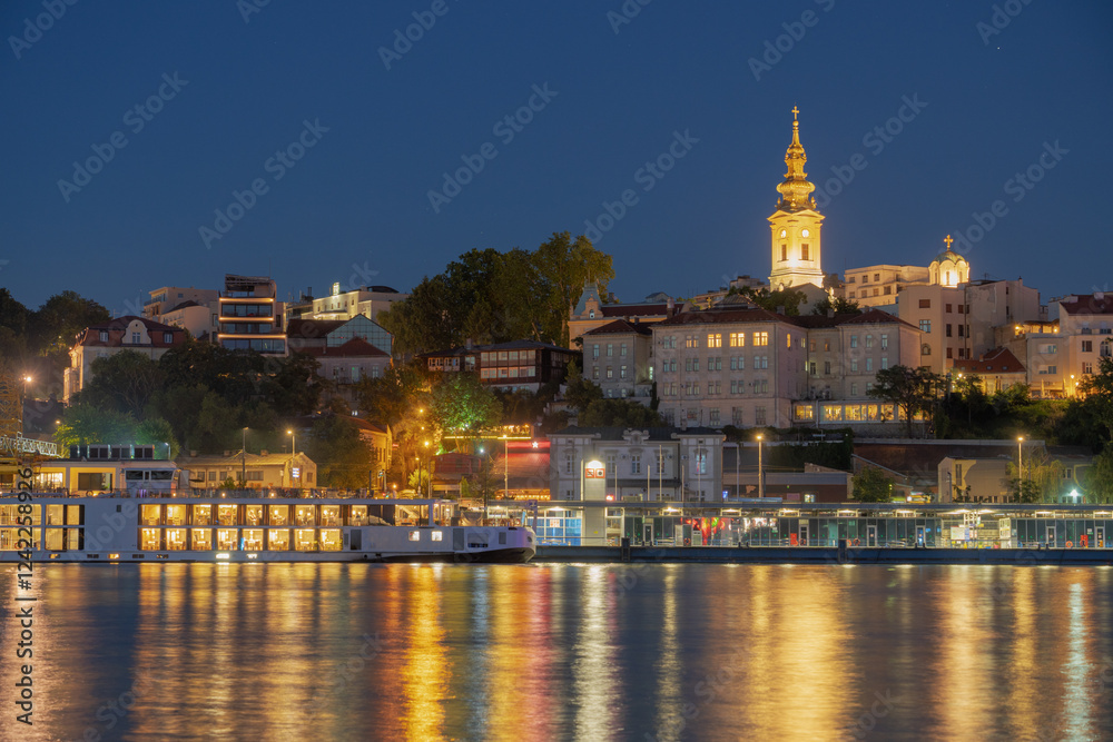 Panoramic view to old historical city center of Belgrade, Serbia illuminated at night Panoramic view to old historical city center of Belgrade, Serbia illuminated at night