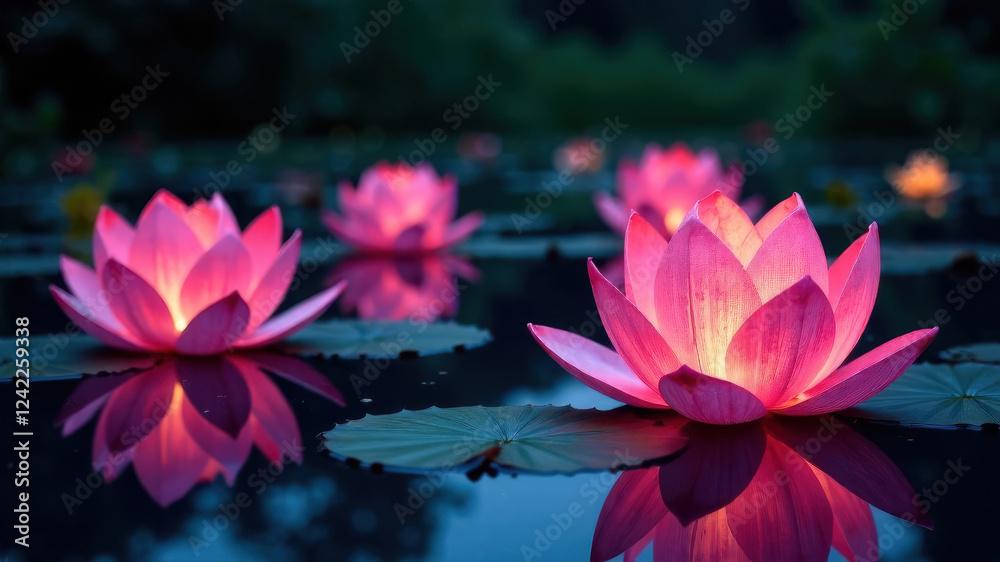 Serene pink lotus flowers illuminated on tranquil water at night. Serene pink lotus flowers illuminated on tranquil water at night.