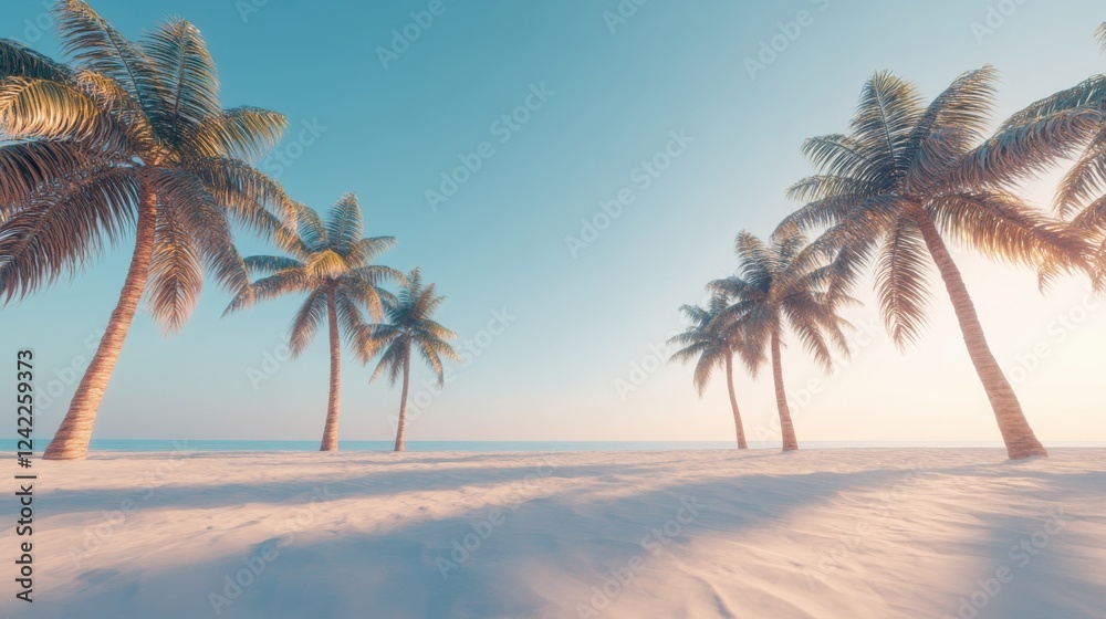 Obraz premium Serene Beach Scene with Palm Trees Under Clear Blue Sky