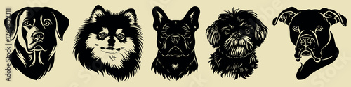 Stylized dog portraits collection, isolated vector set