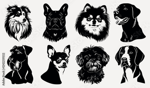 Stylized dog portraits collection, isolated vector set