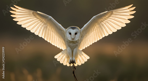 owl in mid-flight with its wings fully extended, showcasing the intricate patterns on its white feathers