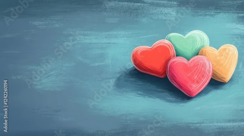 Colorful Hearts Resting on a Blue Surface