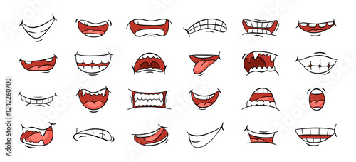 Cartoon mouth with different face expression, laugh anger and scary emotion pop art sketch. Vector hand drawn funny mouths isolated collection