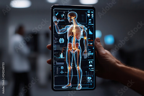 digital twin of human body displayed on tablet, showcasing anatomical details and health data in modern medical environment