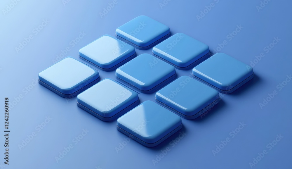 Nine glossy blue square buttons on a blue background. Nine glossy blue square buttons on a blue background.