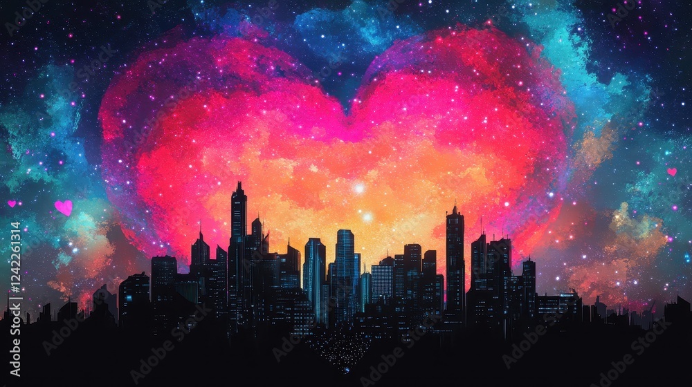 City Skyline Beneath A Heart Shaped Nebula City Skyline Beneath A Heart Shaped Nebula
