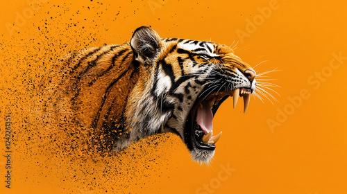 fierce digital painting of tiger showcasing its raw power and intensity against vibrant orange background. artwork captures essence of this majestic animal photo