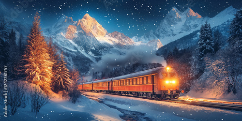 Winter scenic train journey through snowy mountains tranquil landscape travel experience serene environment captivating viewpoint