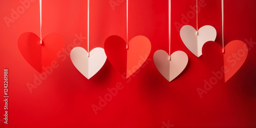 Six paper hearts, red and white, hang against a vibrant red backdrop. Simple, elegant Valentines Day decoration. Minimalist design. photo