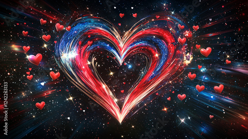 a dynamic heart shape burst of red white on blue 4th july background