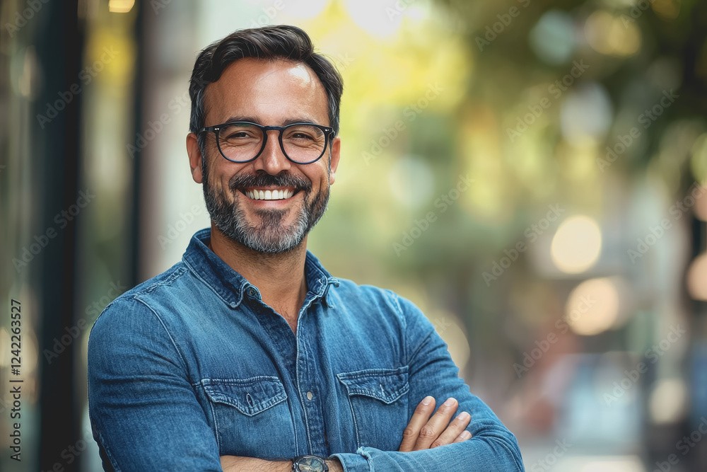 Fototapeta premium Man with glasses wearing denim shirt smiling in a casual setting conveying happiness and confidence