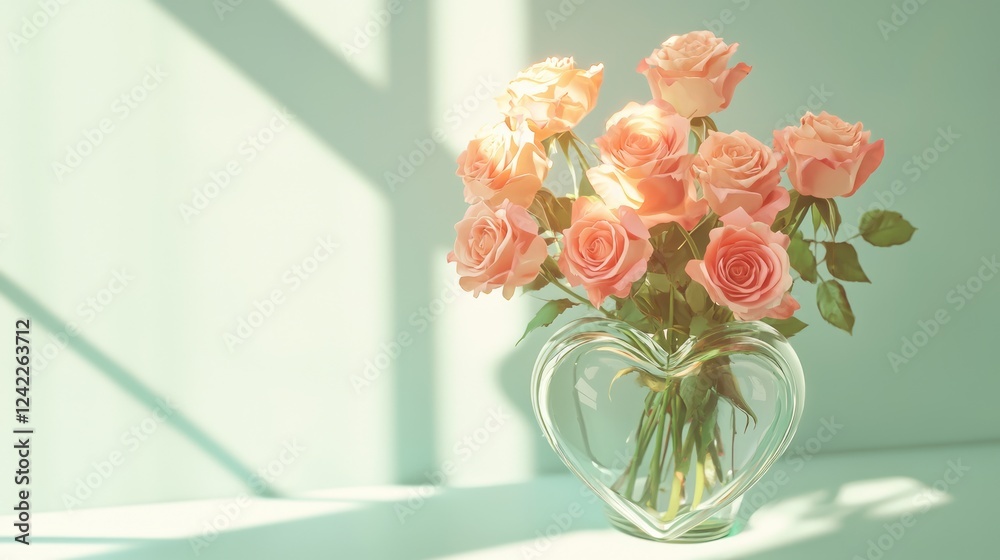 Fototapeta premium Heart-Shaped Glass Vase with Pink Roses in Soft Light