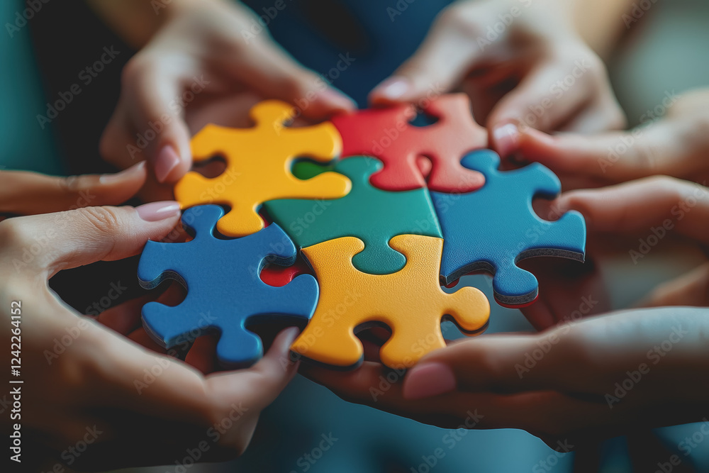 Hands holding colorful puzzle pieces together in a collaborative effort to solve a challenge or problem Hands holding colorful puzzle pieces together in a collaborative effort to solve a challenge or problem