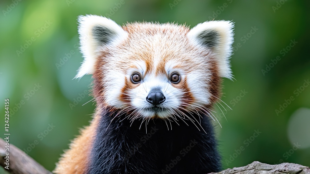 Fototapeta premium Curious red panda looks directly at the camera while resting on a tree branch in a lush green forest during the day.