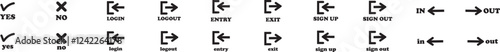 Login and logout icon set Set of sign out, Sign in vector vector collection. Open and close door symbol. Black in, out, exit and enter arrow, trendy flat style isolated on transparent background.