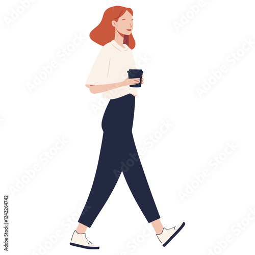 Woman having coffee walking illustration minimalist vector