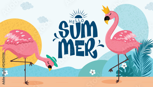 Hello summer greeting clip art background design. Summer text with cute pink flamingo standing and wearing crown, hat clip art elements in colorful abstract background vector illustration.
