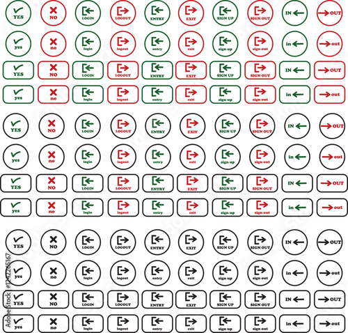 Login and logout icon set Set of sign out, Sign in vector vector collection. Open and close door symbol. Black in, out, exit and enter arrow, trendy flat style isolated on transparent background.