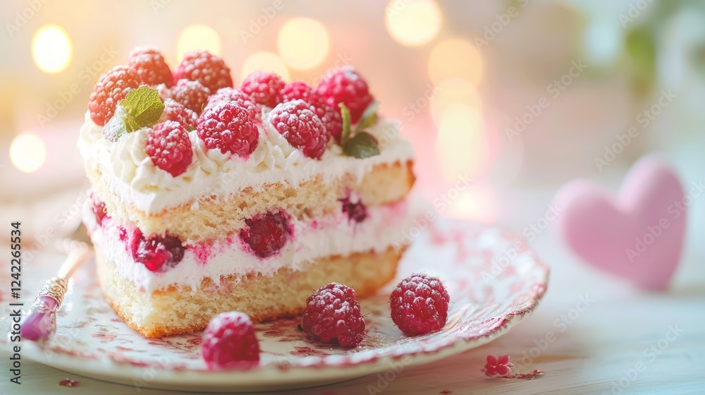 Heart-Shaped Cake with Raspberries and Cream Against a Soft Background Heart-Shaped Cake with Raspberries and Cream Against a Soft Background