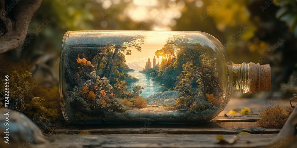 Fototapeta premium Enchanting nature scene in a glass jar tranquil garden landscape photography serene environment close up environmental beauty