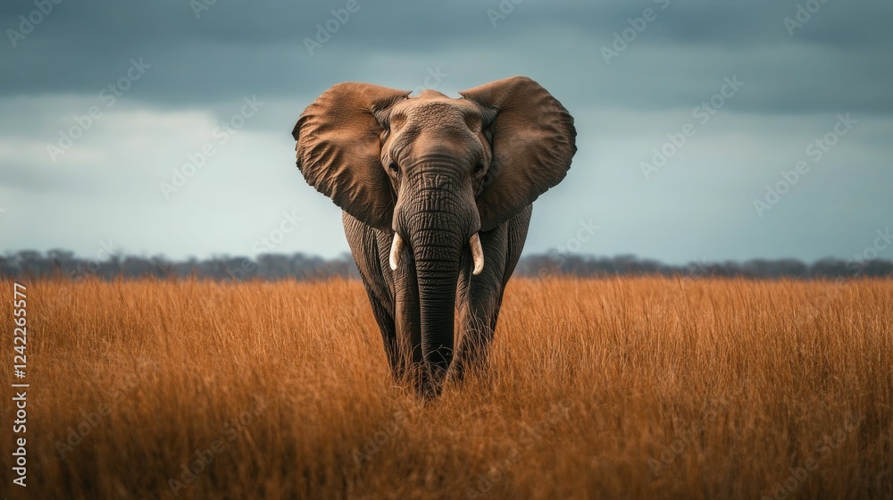 Naklejka premium African Elephant standing in a field in front of a dramatic stormy sky