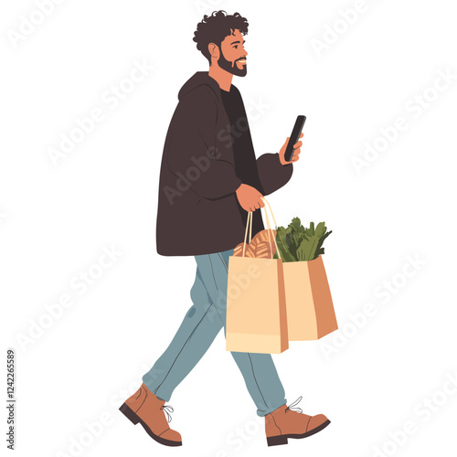 Man walking phone bags illustration vector