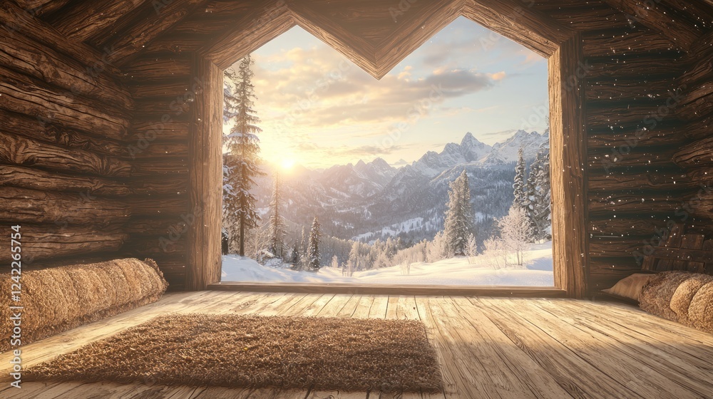 Fototapeta premium Serene Winter Morning View from Rustic Cabin in Snowy Mountains