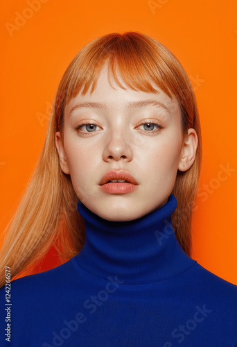 A young woman with vibrant red hair and bangs wears a royal blue turtleneck sweater against a bright orange backdrop. Her expression is serious and her makeup is minimal.