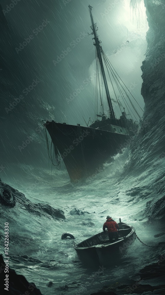 Obraz premium Lone Sailor Navigates Stormy Seas Near Shipwreck