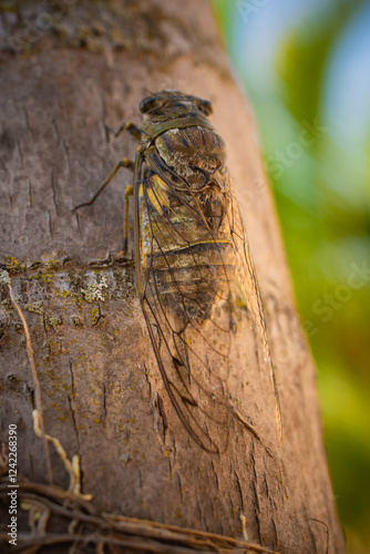 Close-up of a cicada on tree bark, with detailed wings.