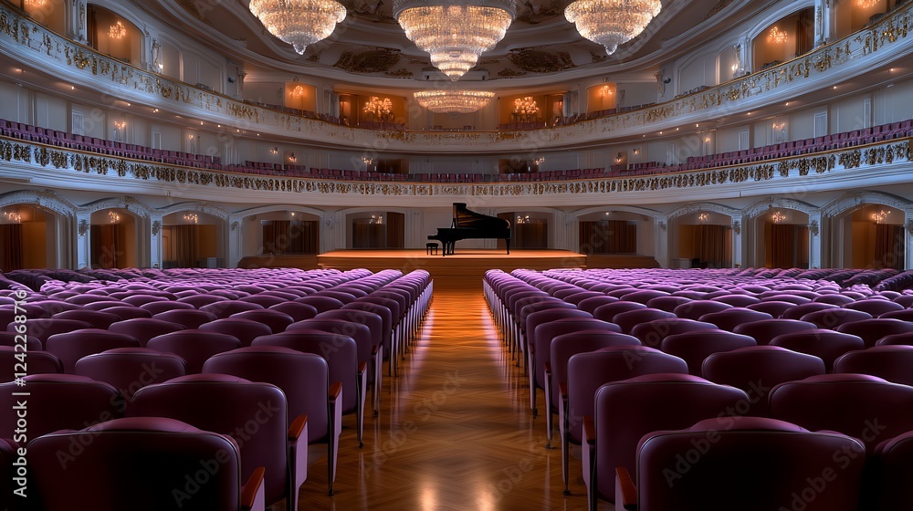 Elegant concert hall interior with empty seating, grand piano on stage, and chandeliers above Elegant concert hall interior with empty seating, grand piano on stage, and chandeliers above