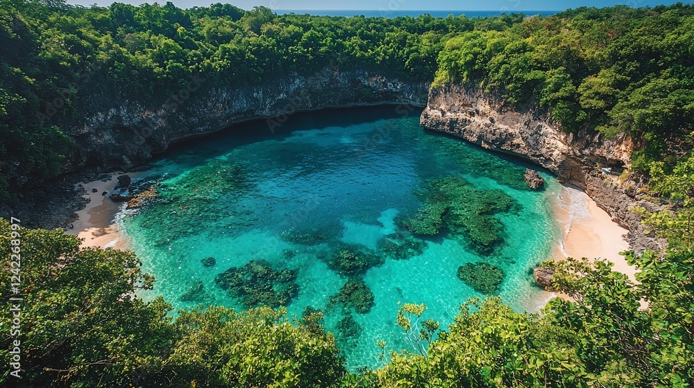 Obraz premium Aerial view of a secluded tropical cove with clear turquoise waters and lush greenery surrounding the beach