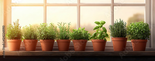 beautiful display of organic herbs like basil, thyme, and rosemary in terracotta pots on windowsill, basking in warm sunlight photo