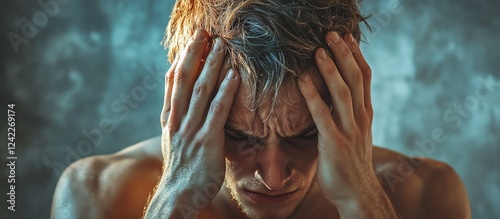 Young man with distressed expression holding head in hands, dramatic lighting, emotional struggle