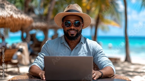 Man working on laptop at beach cafe; ocean visible. Promo for remote work