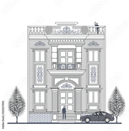 Facade of 2 storeys symmetrical modern classic house with 2 doors, 4 windows, 2 columns, crown, balustrade, frames, decoration, balcony, canopy and its elements design.