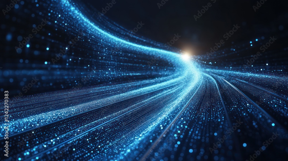 Obraz premium Glowing blue light trails curve through dark space.