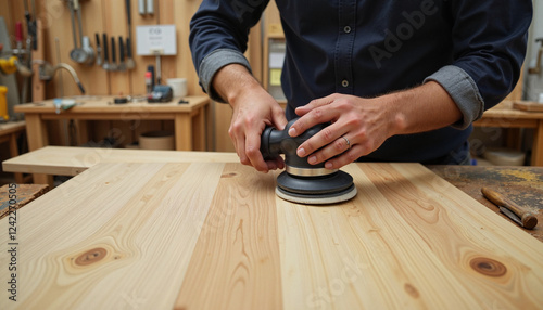 Carpenter sanding wood in workshop, craftsmanship in action